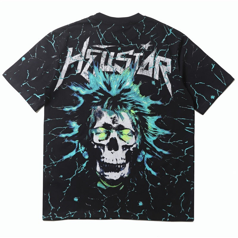 Hip-hop t shirts american high street summer half-sleeved street style stylish full body printing skull lightning short-sleeved t-shirt