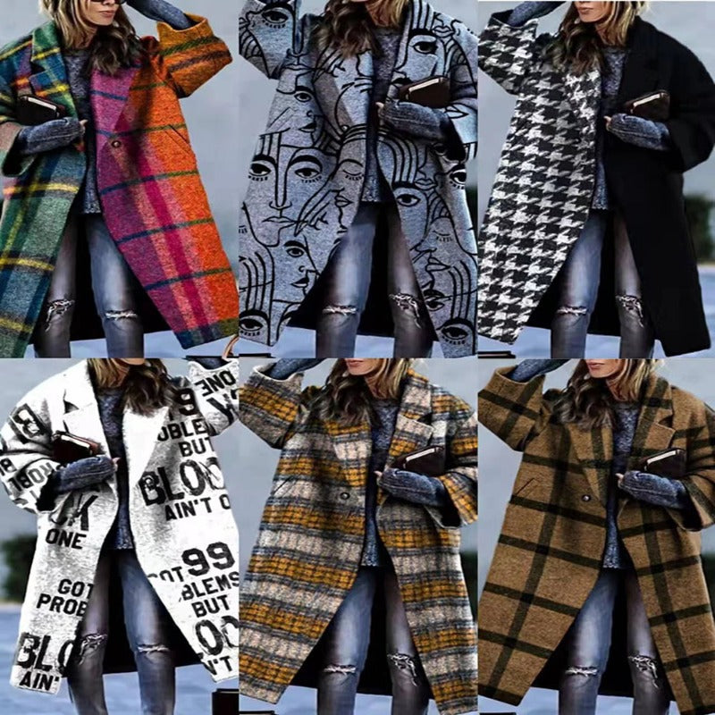 Women Trench Coat Autumn Long Sleeve Turn-down Collar Coat Printed Woolen plus Size Trench Coat
