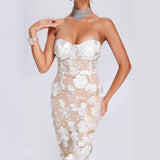 Women Evening Dress Elegant Lace Three-Dimensional Flower Sexy Dress Dress