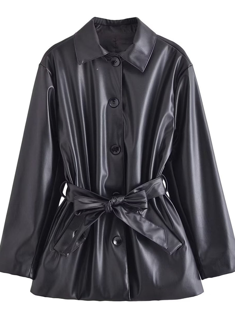 Women Leather Jacket Fall Lapels Shirt-Style Loose PU Leather Women's Mid-Length Jacket