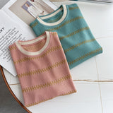 Women Sweater Knitwear Striped Loose Short Sleeve Knitted T-shirt Female Student O-neck Short Top