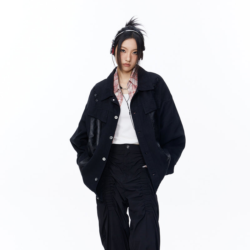 Unisex Jacket Autumn Ripped Pu Splicing Coat