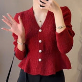 Women Knitted Cardigan Spring Red Sweater V-neck Knitted Cardigan Top