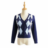 Women Sweater Knitwear Vintage Diamond Plaid Stitching V-neck Knitted Cardigan