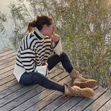 Women Sweater Knitwear Autumn Loose Black and White Striped Top Turtleneck Base Knitwear Sweater