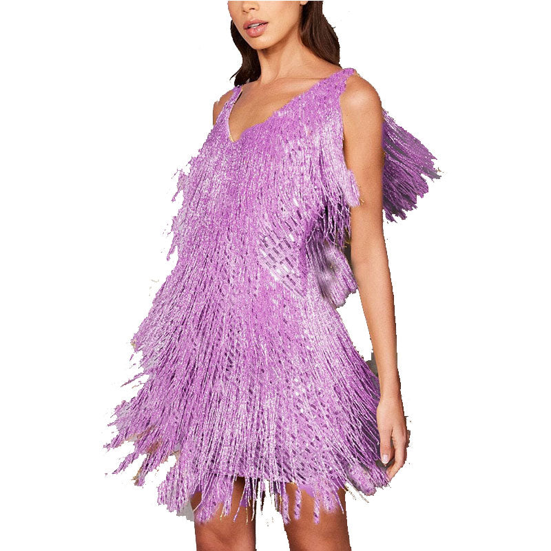 Harlem Nights Outfits Tassel Sequins V-neck Vest Gown Dress