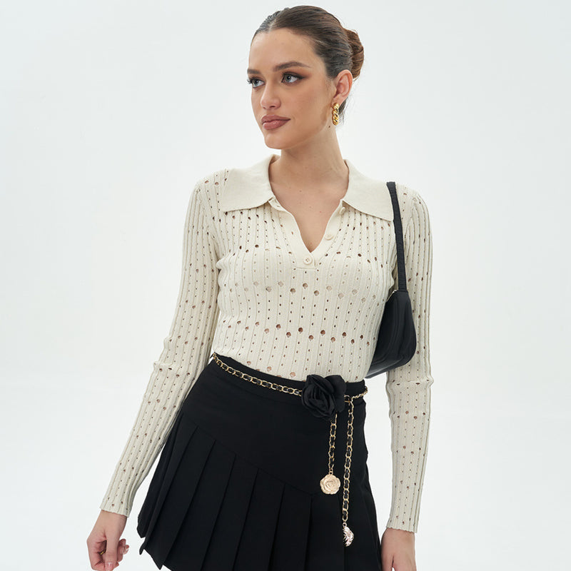 Women Tops Spring/Summer Lapel Hollow Knitwear Pullover Top