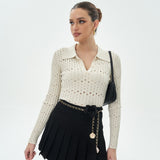 Women Tops Spring/Summer Lapel Hollow Knitwear Pullover Top