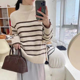 Women Knitted Pullover Striped Sweater Turtleneck Sweater