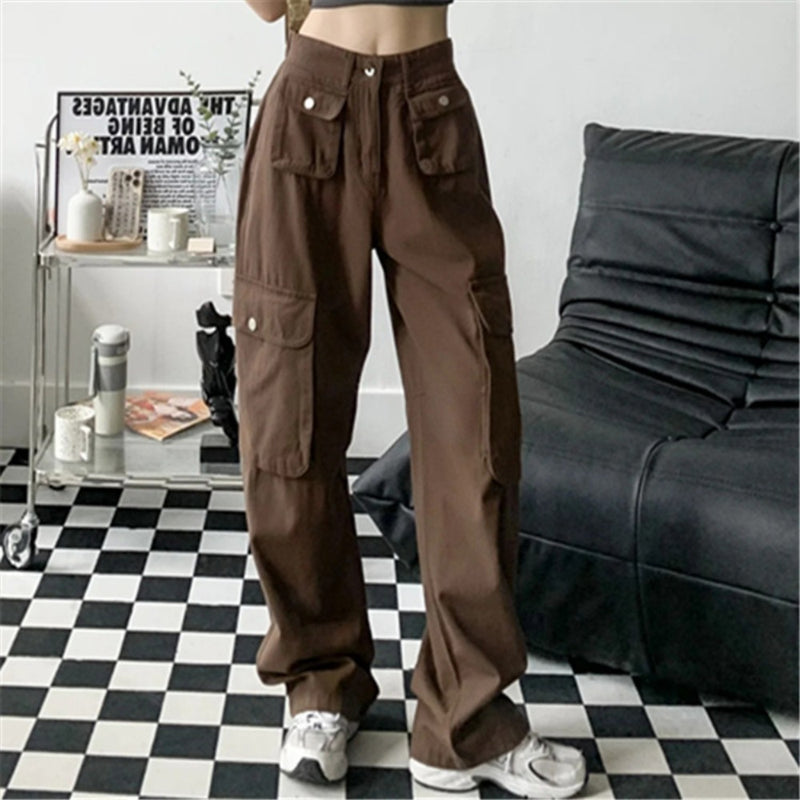 Women Sweatpants Retro Overalls Spring and Autumn Multi-Pocket Casual Loose Wide-Leg Pants