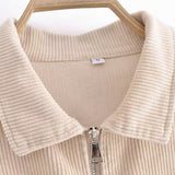 Women Jacket Lapel Long Sleeve Double Pocket Zipper Jacket Coat