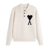 Ami araunriflove polo collar lapel wool sweater long sleeves couple fall and winterembroiderknitting shirt