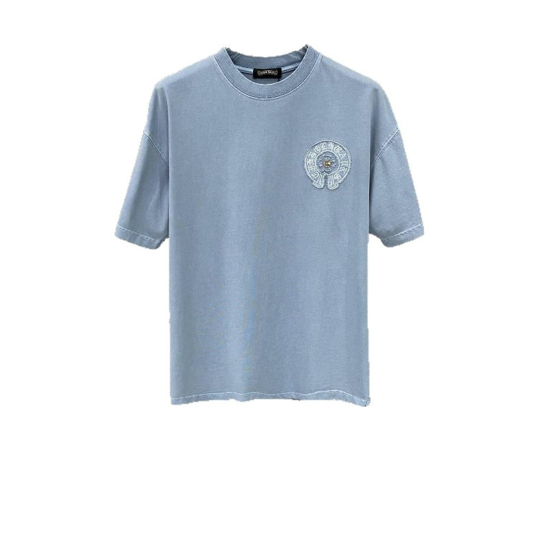 Ch hip-hop t shirts ch croo short-sleeved sanskrit horseshoe cross patch embroiderstripes round neck t-shirt american high street couple