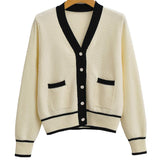 Women Sweater Knitwear Fall/Winter Classic Style Contrast Color V-neck Knitted Cardigan