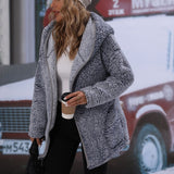 Women Trench Coat Autumn Hooded Long-Sleeved Cardigan Loose Mid-Length Buckle-Free Bubble Velvet Casual Cardigan