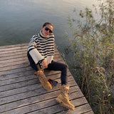 Women Sweater Knitwear Autumn Loose Black and White Striped Top Turtleneck Base Knitwear Sweater