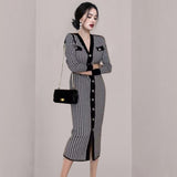 Women Maxi Dress Autumn and Winter V-neck Slim Houndstooth Knitted Dress