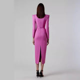Women Dresses Elegant Bandage Dress Magenta Long Sleeve Square-Neck White Collar Dress (Ont0408)