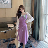 Women Maxi Dress Autumn Winter Sexy Chiffon Long Sleeve Knitted Sheath Dress