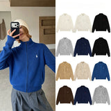 Little marafu rlknittingcouplecardiganhigh collar zipper waffle grids wool topslooseoutwearfall and winter