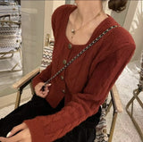 Women Knitted Cardigan Square Collar Spring and Autumn Sweater Loose Knitted Cardigan