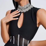 Women Evening Dress High Neck Sexy Hollow Mesh Bandage One-Piece Dress