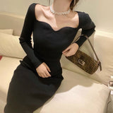 Women Maxi Dress Autumn and Winter V-neck Long Sleeve Mid-Length Knitted Dress