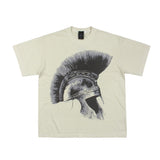 Hip-hop t shirts american high street half sleeve spartan helmet loose washed distressed retroloose short sleeve t-shirt