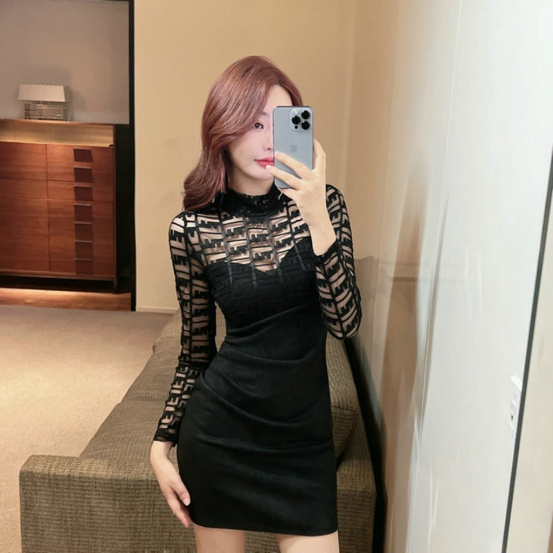 Women Maxi Dress Autumn and Winter Lace Turtleneck Hip Bag Dress