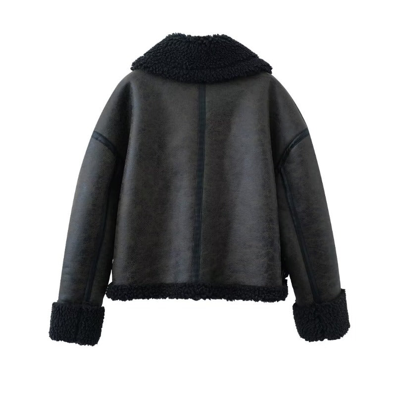 Women Leather Jacket Winter Fur Lapel Women's Leather Jacket Warm Coat