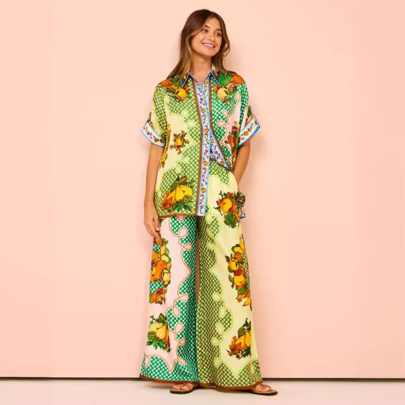Women's pants: cross-border european and american fashion printed elastic waist pocket wide-leg casual set for women's summer