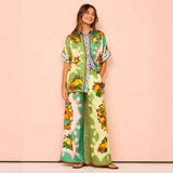 Women's pants: cross-border european and american fashion printed elastic waist pocket wide-leg casual set for women's summer