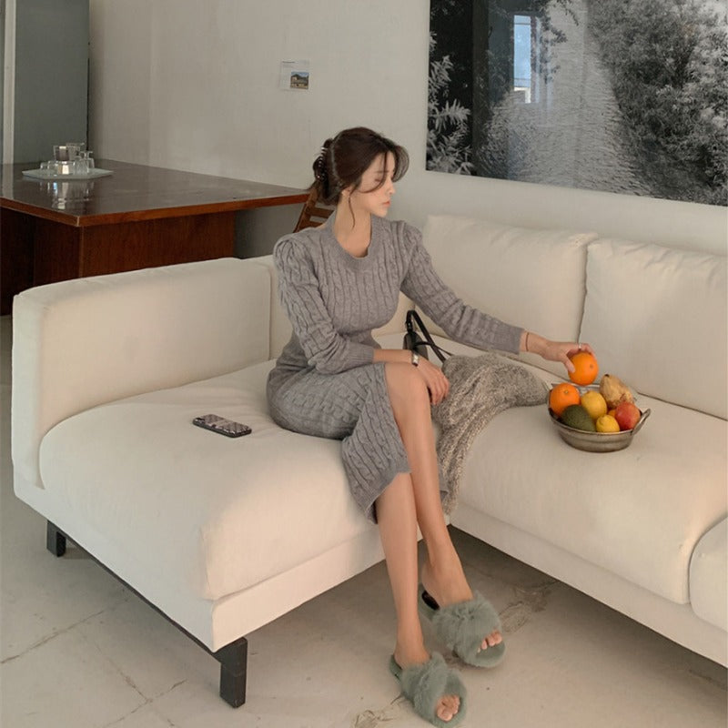 Women Maxi Dress Fall/Winter Long Sleeve Knitted Dress Slim Fit Backless Dress