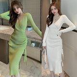 Women Maxi Dress Autumn Winter Sexy Long Sleeve V-neck Knitted Sheath Dress