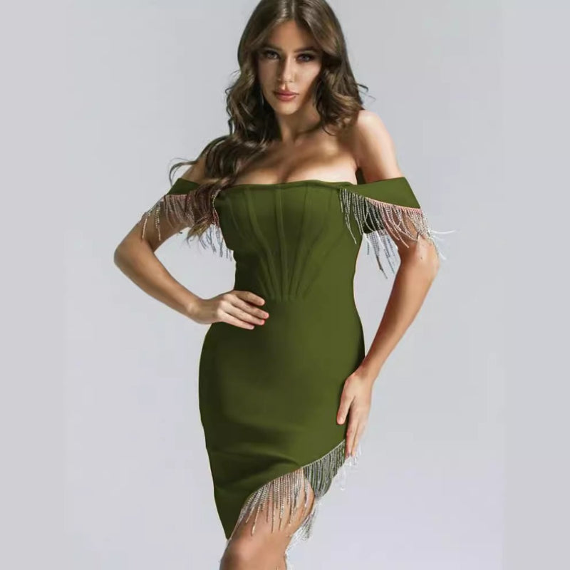 Women Dresses Bandage Dress off-the-Shoulder Drill Chain Tassels Party Dress Dress (Ont0408)
