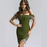 Women Dresses Bandage Dress off-the-Shoulder Drill Chain Tassels Party Dress Dress (Ont0408)
