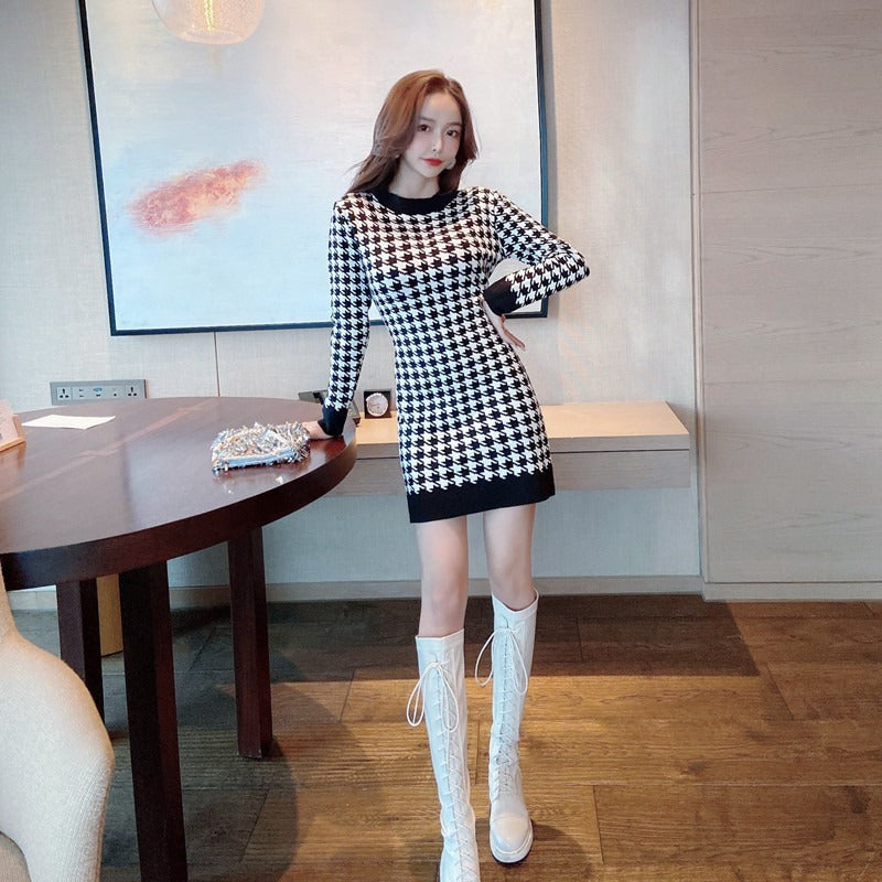 Women Maxi Dress Spring and Autumn Long Sleeve Sexy Houndstooth Dress
