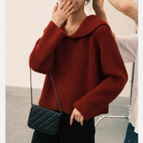 Women Knitted Pullover Red Lapel Sweater Women's Autumn Winter Coat Loose Sweater