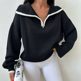 Ladies Leisure Knitwear Color Block Turtleneck Polo Zipper Sweater Long Sleeve Casual Loose Sweater