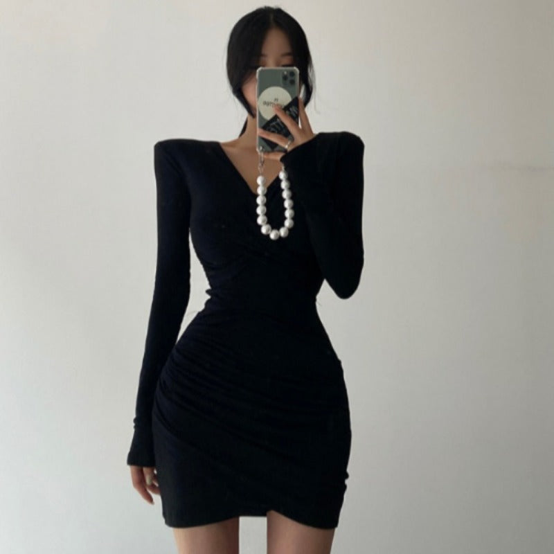 Women Dresses Brown Pleated Cross V-neck Long-Sleeve Dress Skirt
