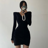 Women Dresses Brown Pleated Cross V-neck Long-Sleeve Dress Skirt