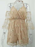 Women's Evening Gown Summer Sexy V-neck Gold Thread Embroidered One-Piece Shorts