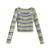 Women Sweater Knitwear Autumn Sexy Square Collar Striped Knitted T-shirt Long Sleeve Sweater