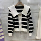 Women Knitwear Autumn and Winter Striped Doll Collar Double Zipper Sweaters Cardigan