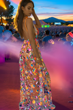 Coachella Dress Deep V Halter Sequins Floral, Sexy Split Dress