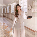 Women Maxi Dress Autumn and Winter Long Woolen Skirt V-neck Knitted Dress