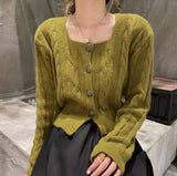 Women Knitted Cardigan Square Collar Spring and Autumn Sweater Loose Knitted Cardigan