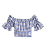 Women Tops Summer Puff Sleeve Plaid Top Short Shirt