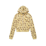 Ashley all-over printed bear hot girl exposed waist cardigan sweatshirt women's american sweet elastic fall and winter zipper hooded outwear
