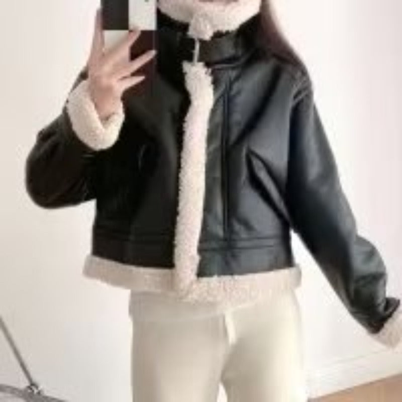 Women Leather Jacket Foreign Trade Locomotive Short PU Leather Faux Lamb Fur Coat